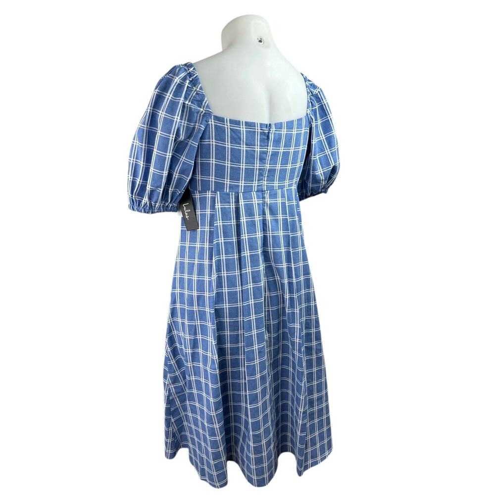 Lulus Blue White Plaid Short Puff Sleeve Pleated A Line Midi Dress Size XL - Picture 2 of 5